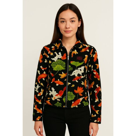 LoriZoni Zip Up jacket blazer size small koi fish print silk cotton blend retro - Picture 1 of 7